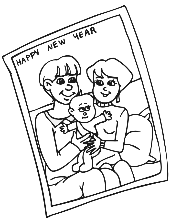 New Year's Eve coloring page of a family card