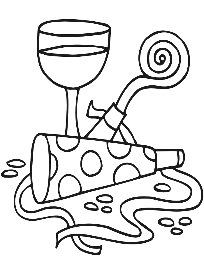 New Year's Eve coloring page of wine and noise makers