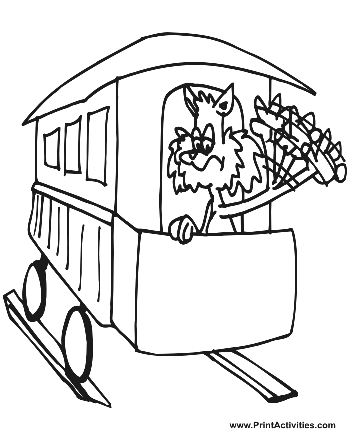 Train Coloring Page of a cartoon cat on a passenger car.