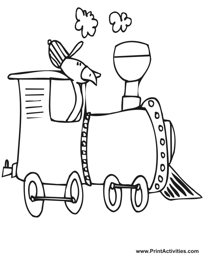 Train Coloring Page of a cartoon engine & bird engineer.