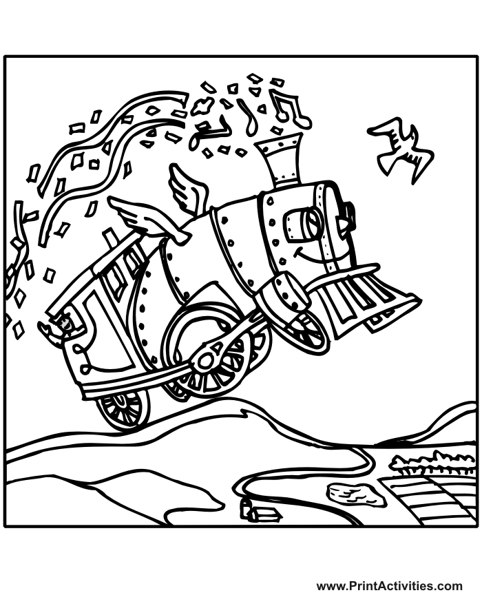 Train Engine Coloring Page of a cartoon flying train.