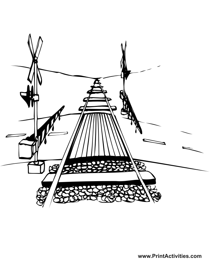 Railroad Coloring Page of a railroad crossing sign and tracks.
