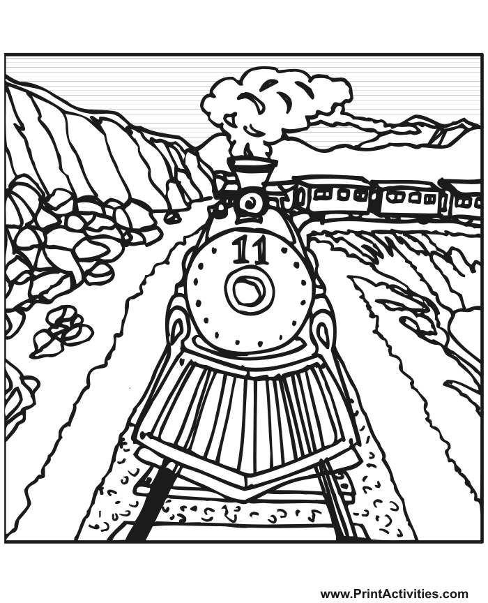 Train Coloring Page of a steam train on the tracks.