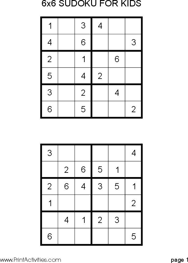 Free Kid Sudoku Puzzle: 6x6