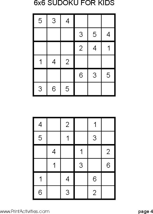 Free Kid Sudoku Puzzle: 6x6
