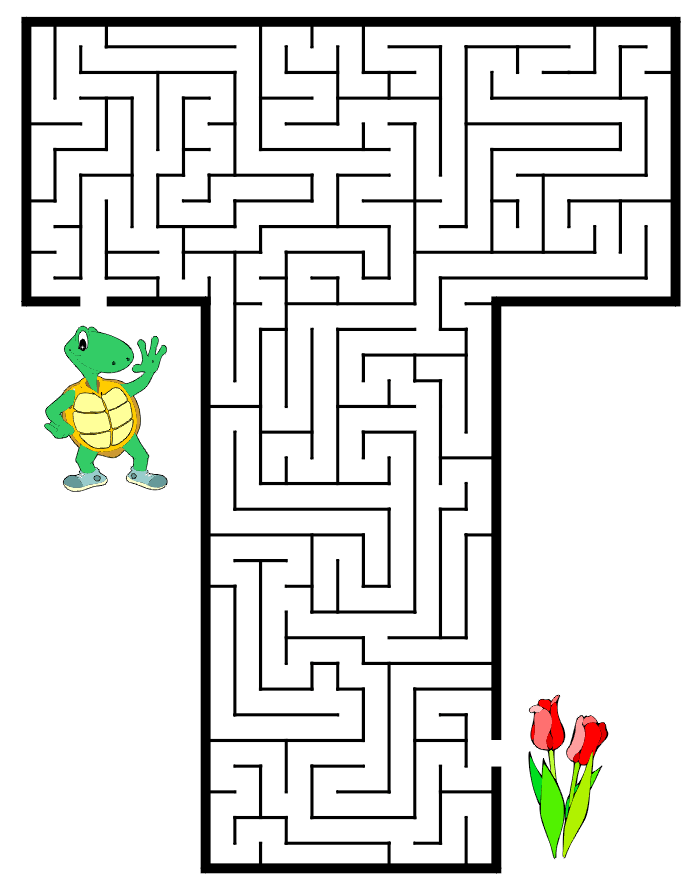 Free Printable Maze of the letter T - turtle, tulip