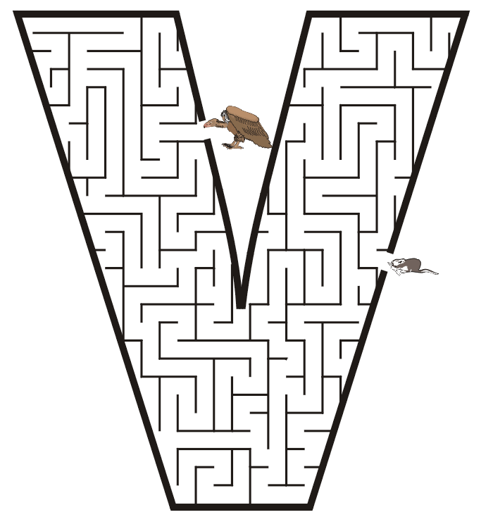 Free Printable Maze of the letter V: vulture, vole