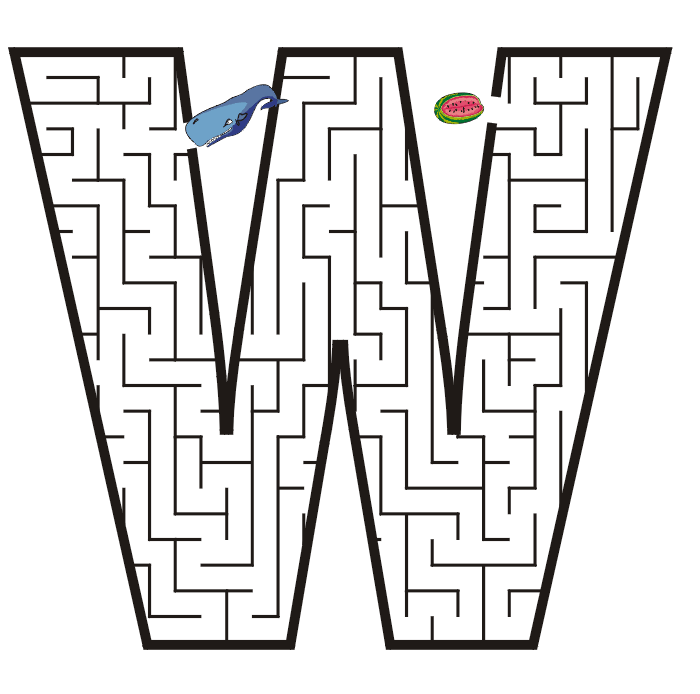 Free Printable Maze of the letter W: whale, watermelon