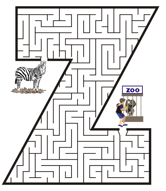 Free Printable Maze of the letter Z: zebra, zoo