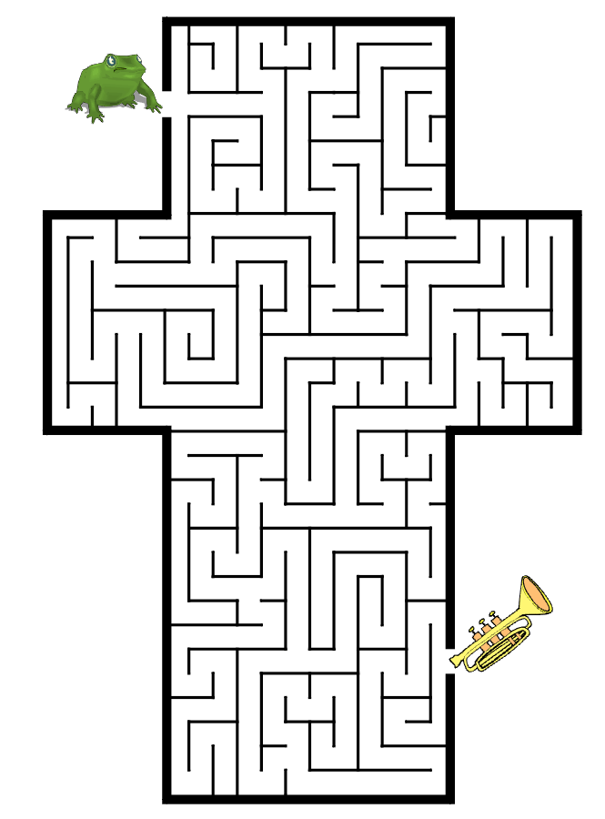 Free Printable Maze of the letter t - toad, trumpet