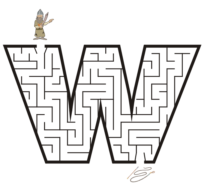 Free Printable Maze of the letter w: warrior, whip