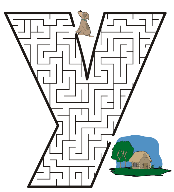 Free Printable Maze of the letter y: yowl, yard