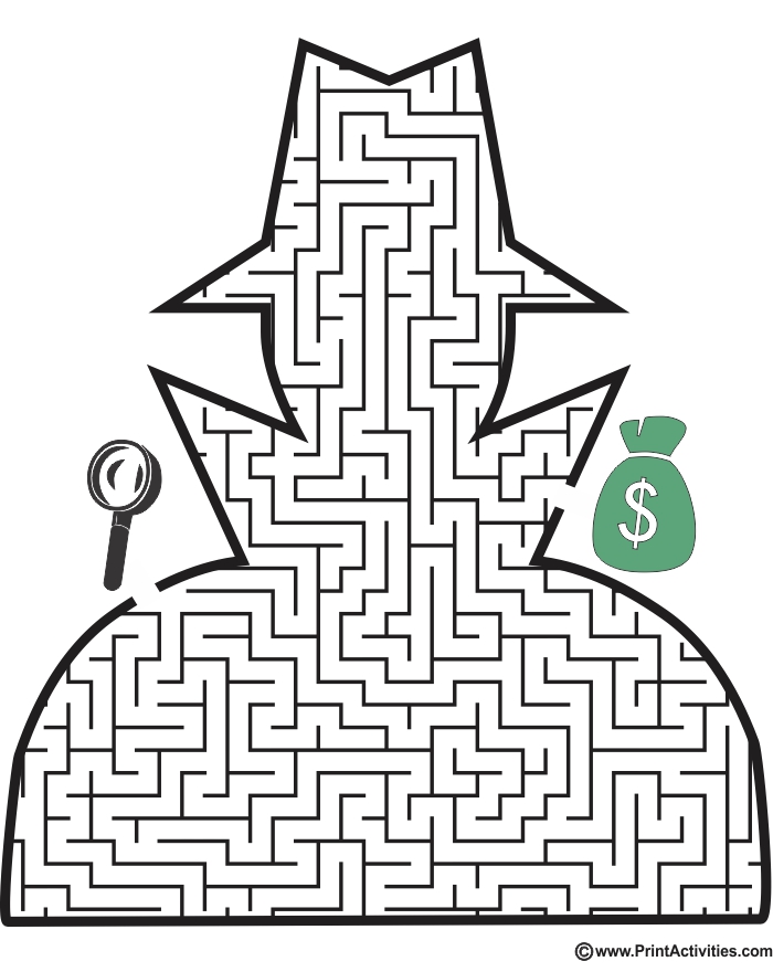 Mystery Man Maze: Use the magnifying glass to find the money.